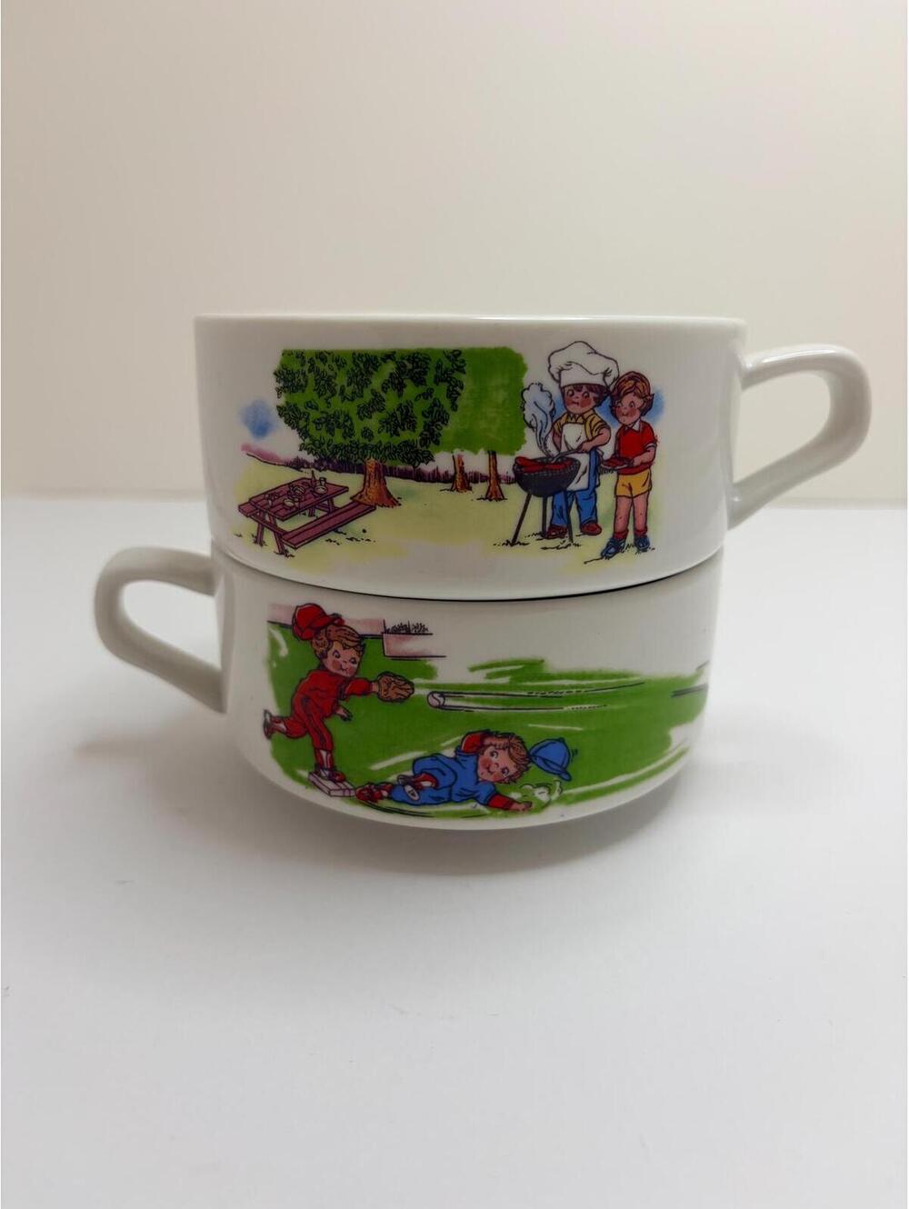 Vintage Set of 2 Children’s Soup Mugs Bowls Baseball & BBQ Camping Scene Ceramic
